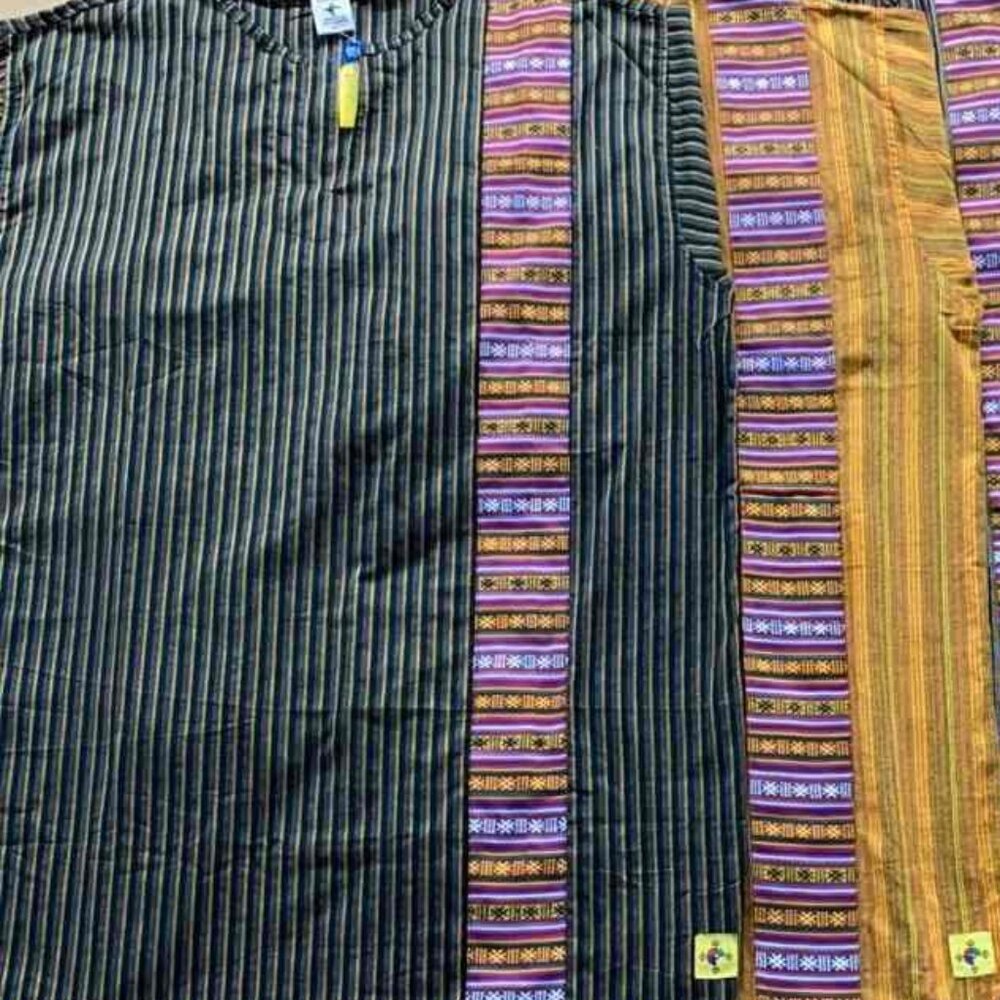 Cotton Bhutani Trim Long-Sleeve V-Neck Tunic - Stripes (Rasta)